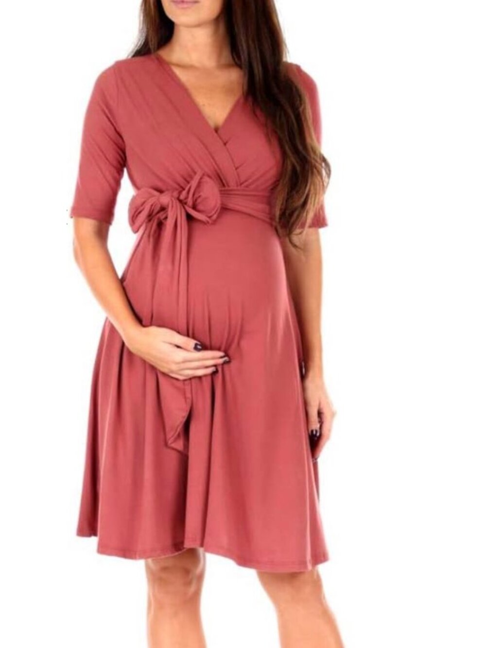 Mother Bee Maternity Knee Length Wrap Dress with Adjustable Belt (S) Mauvedk NWT